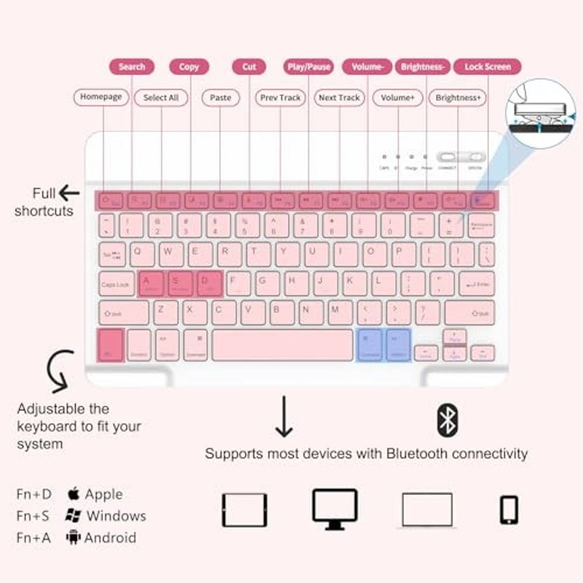 Pink detachable keyboard folio for 11-inch tablet, full-size key layout