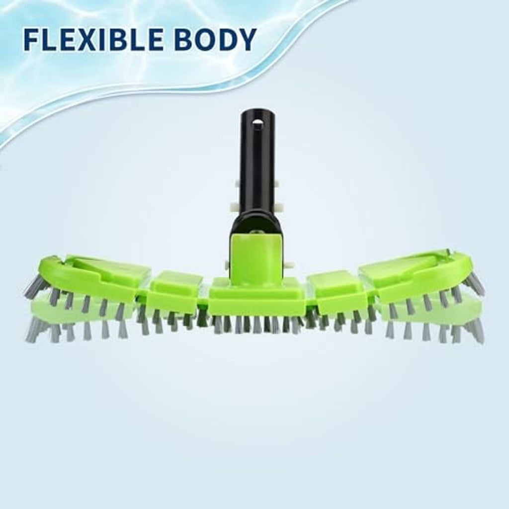 Green pool vacuum head with brush bristles and flexible curved base