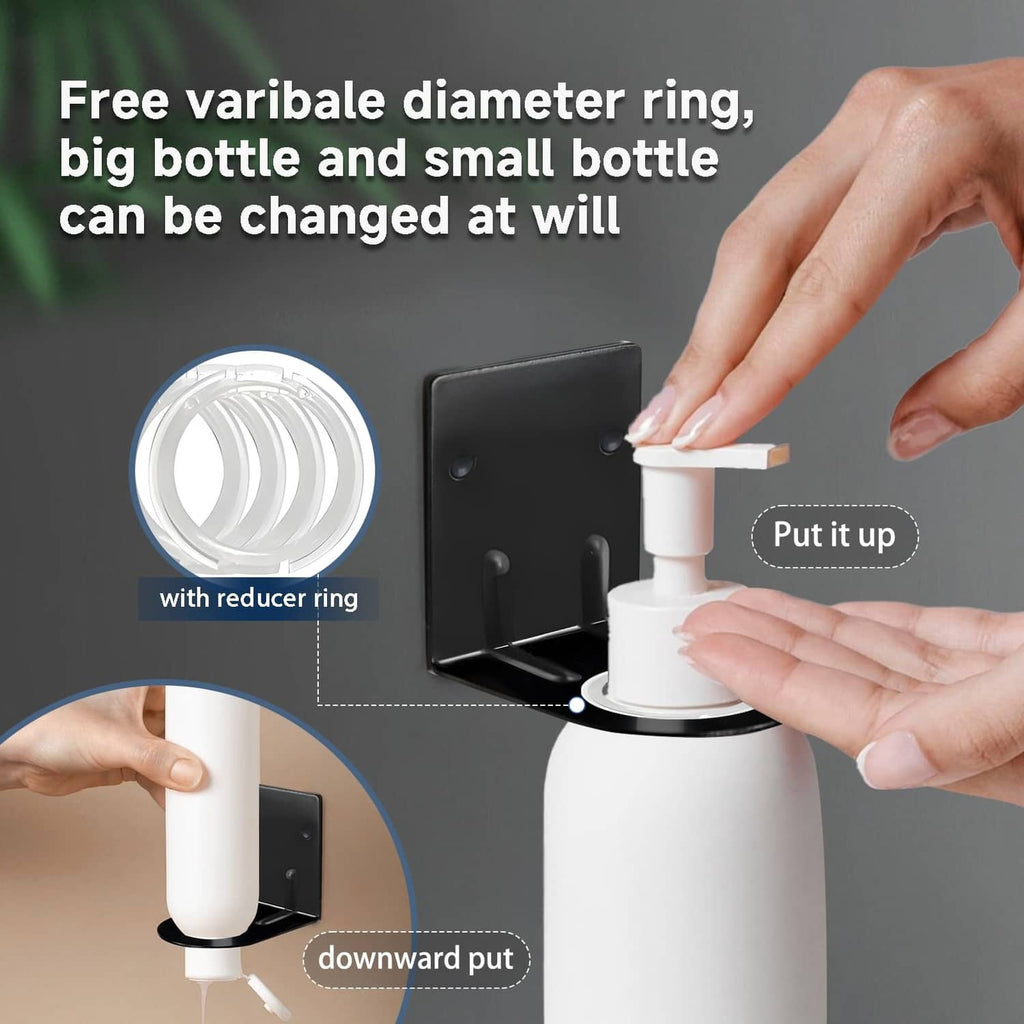 Wall mount soap dispenser holder with reducer ring holding a white pump bottle