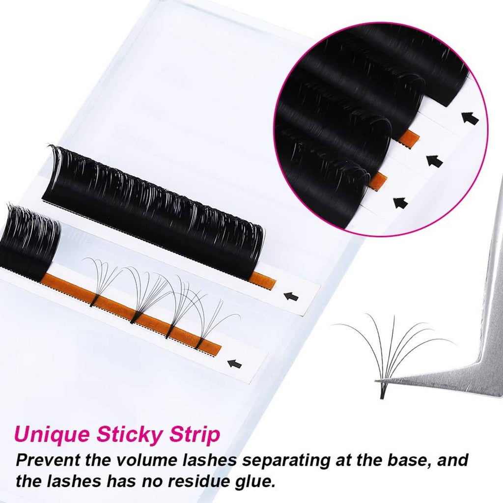 Self-fanning black lash extension strips with orange adhesive tips and fan clusters