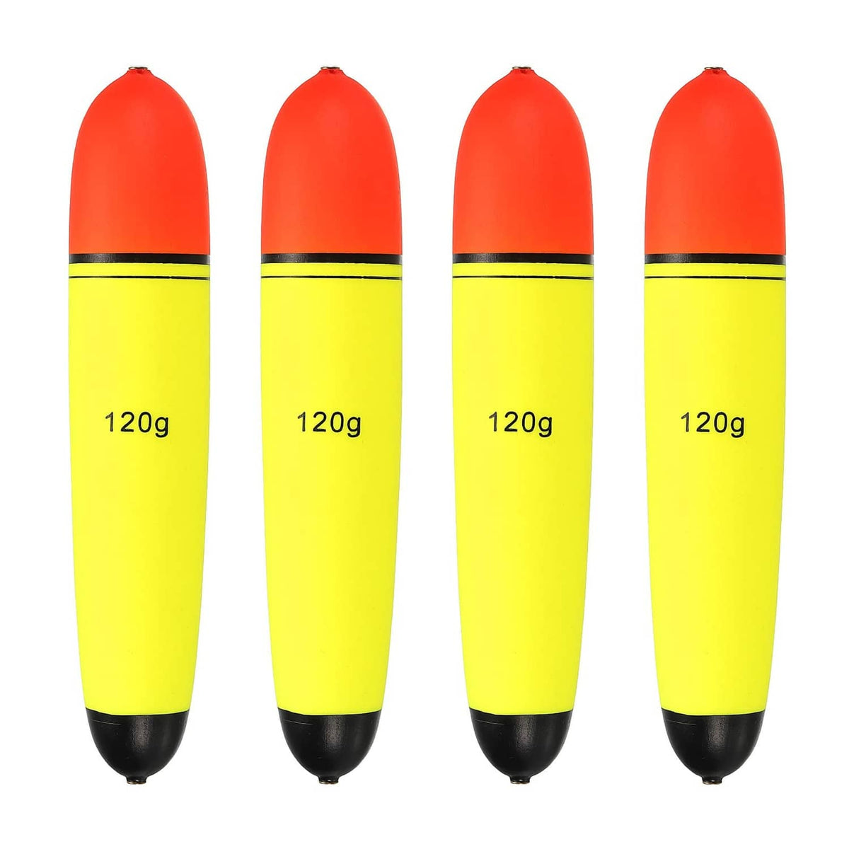 Four 120g EVA slip fishing bobbers with red tops and yellow bodies, black bottoms