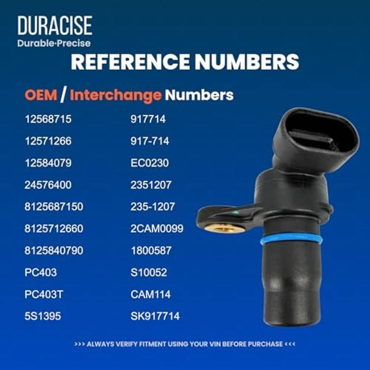 DURACISE reference numbers graphic with camshaft position sensor illustration