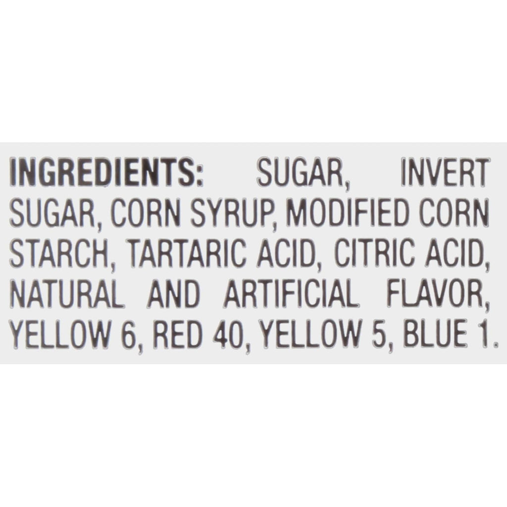 Ingredients list for sour gummy candy, including sugar, citric acid, and flavorings