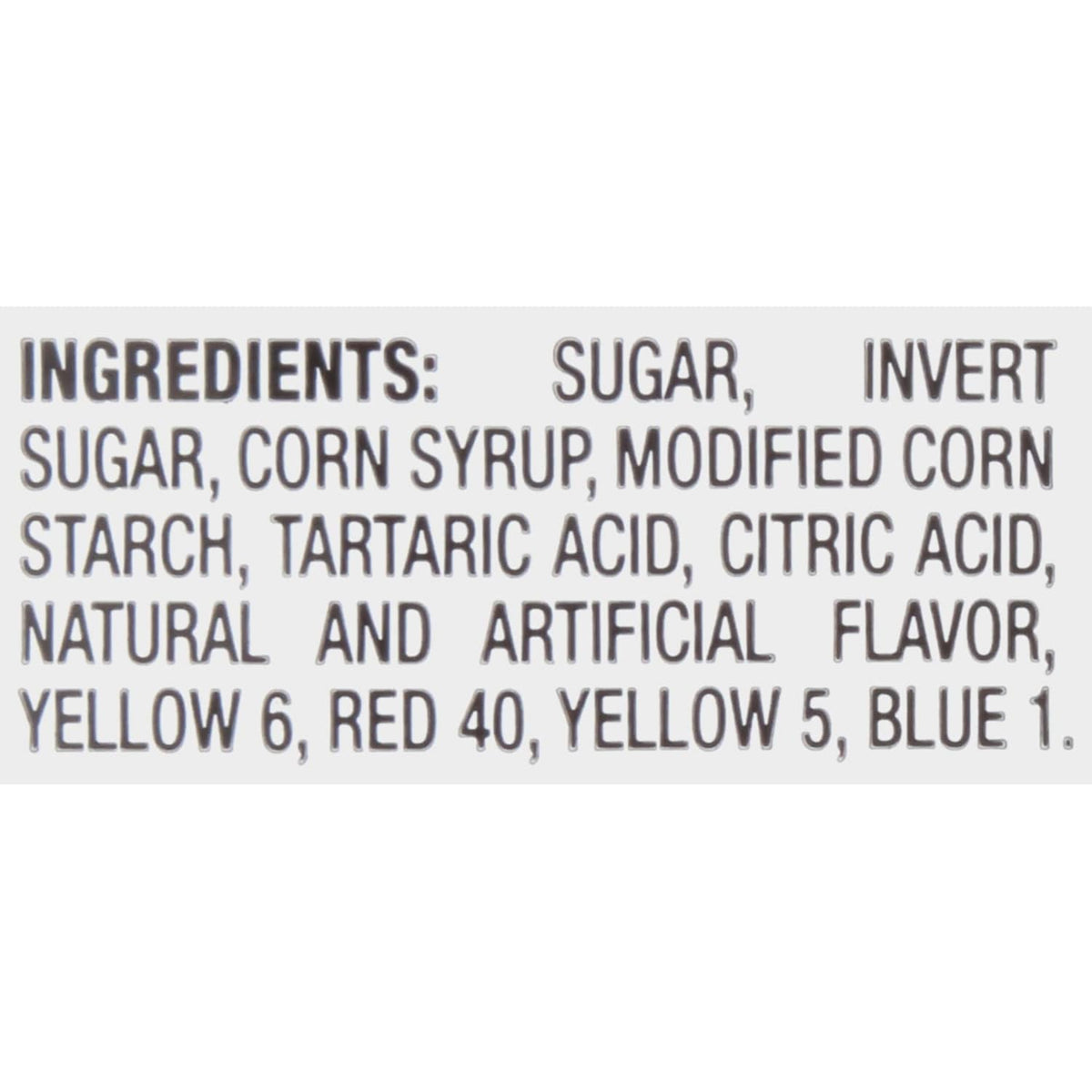 Ingredients list for sour gummy candy, including sugar, citric acid, and flavorings