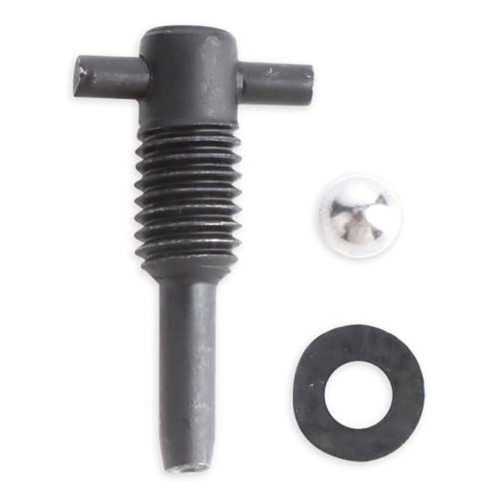 Hydraulic jack oil release valve with black washer and silver mounting screw