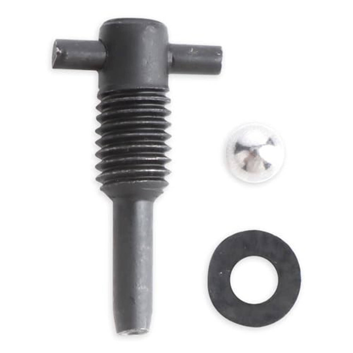 Hydraulic jack oil release valve with black washer and silver mounting screw