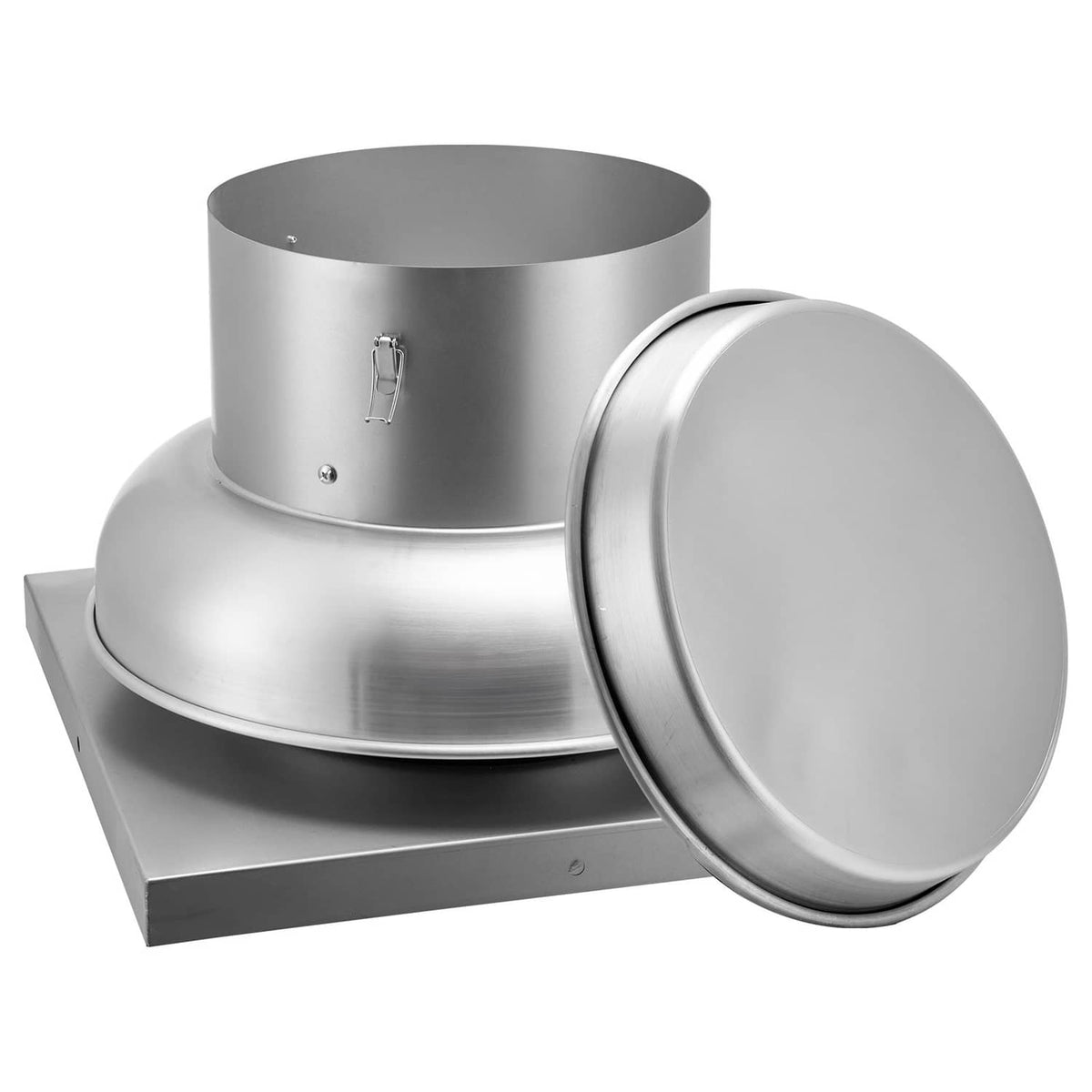 Stainless steel down-blast exhaust fan with hinged cover partially open.