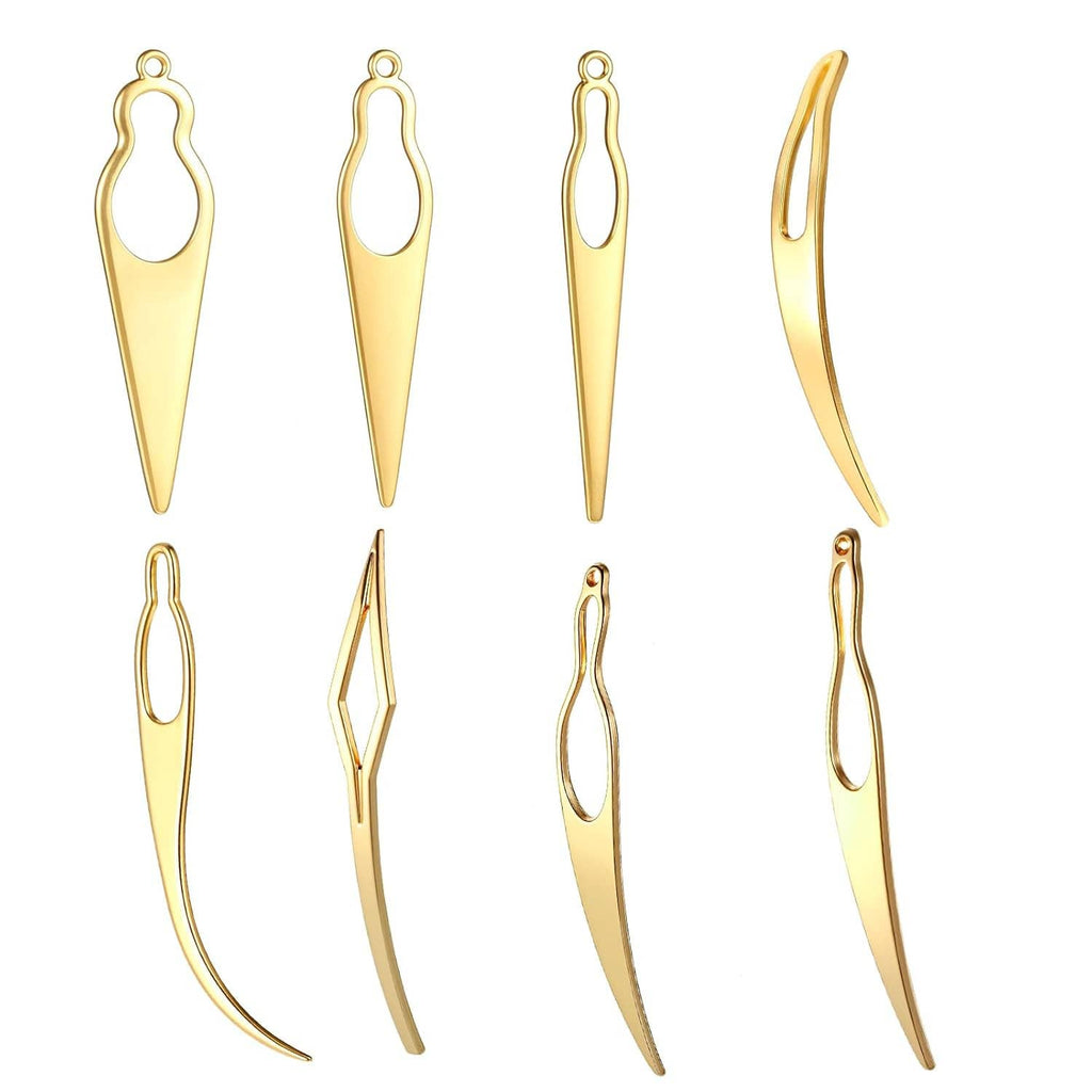 Eight gold hair crochet needles with oval loop heads and tapered points