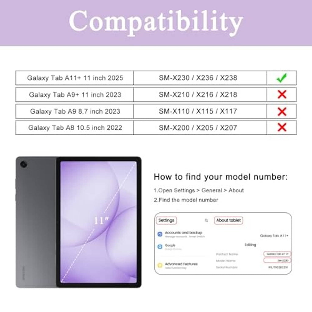 Tablet case compatibility guide with model-number lookup and tablet back view