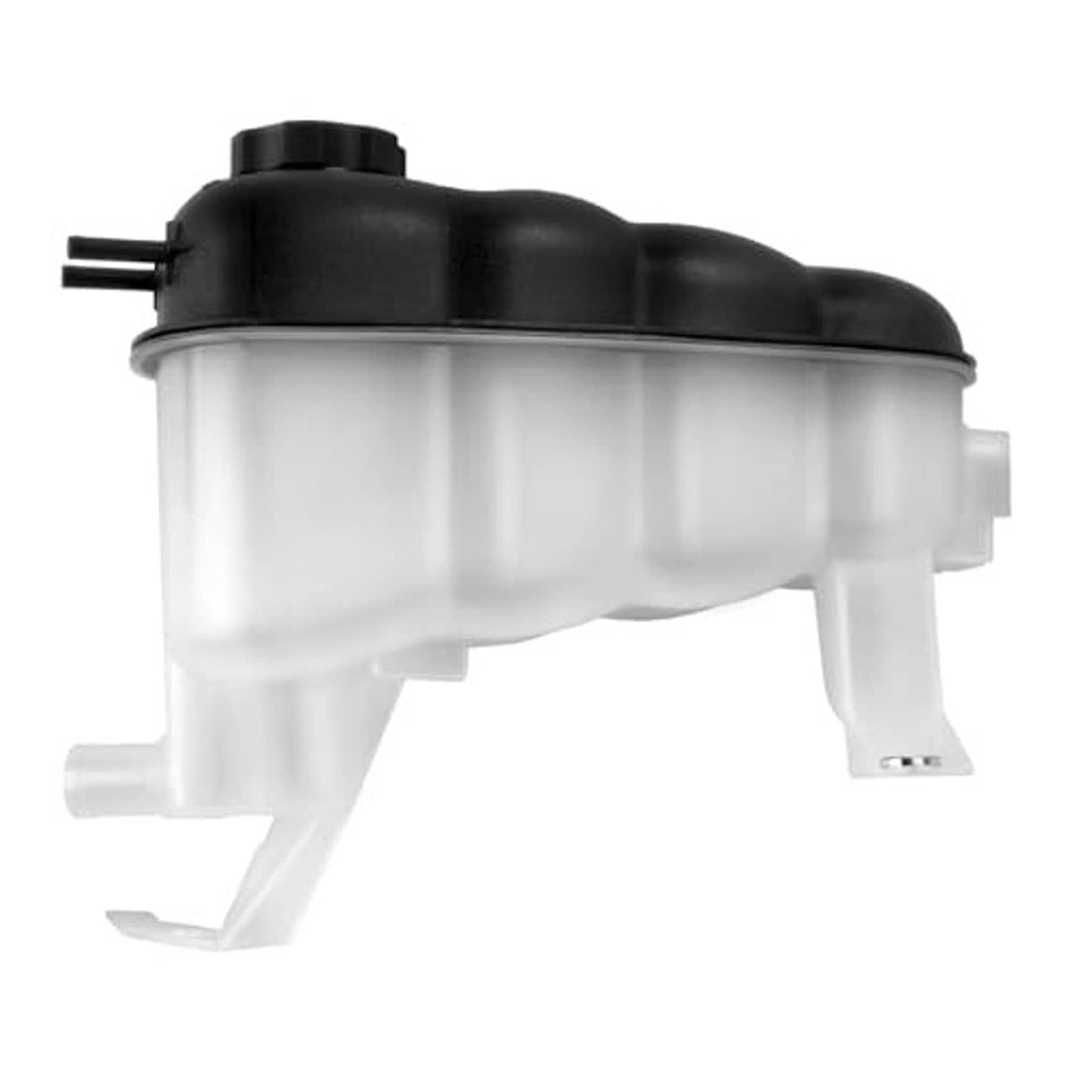 Coolant expansion reservoir tank with black cap and translucent body, side view