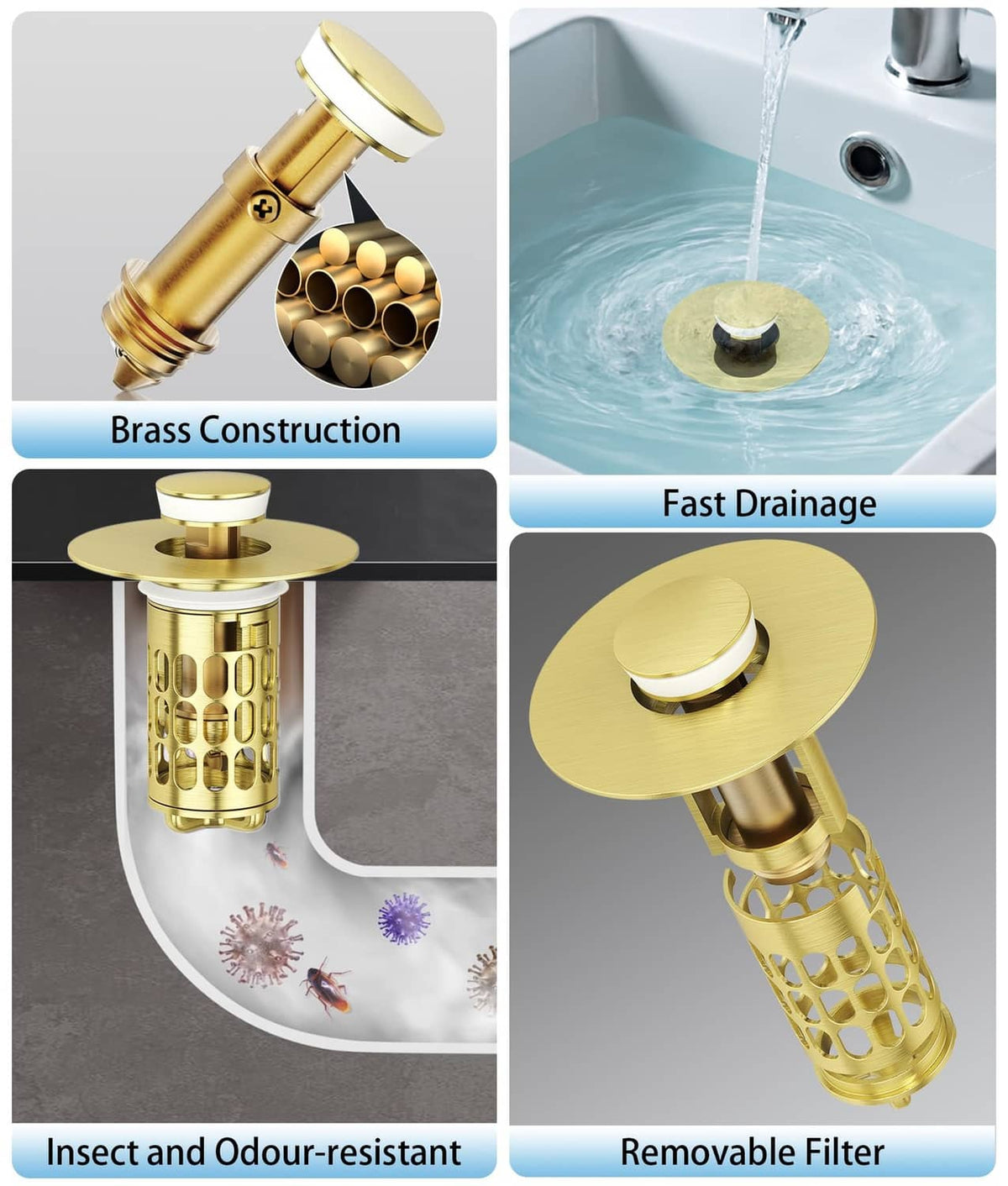 Matte gold brass bathroom sink stopper with removable filter basket and perforated screen