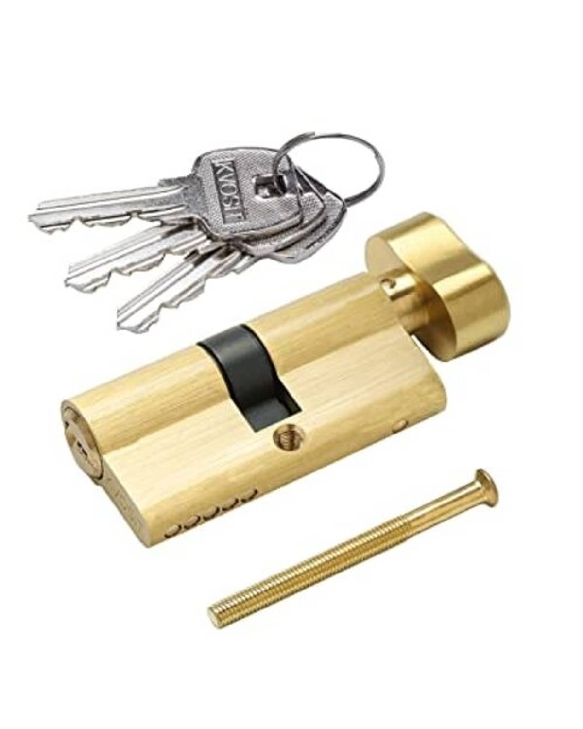Brushed brass lock cylinder with three keys on keyring, shown in angled view