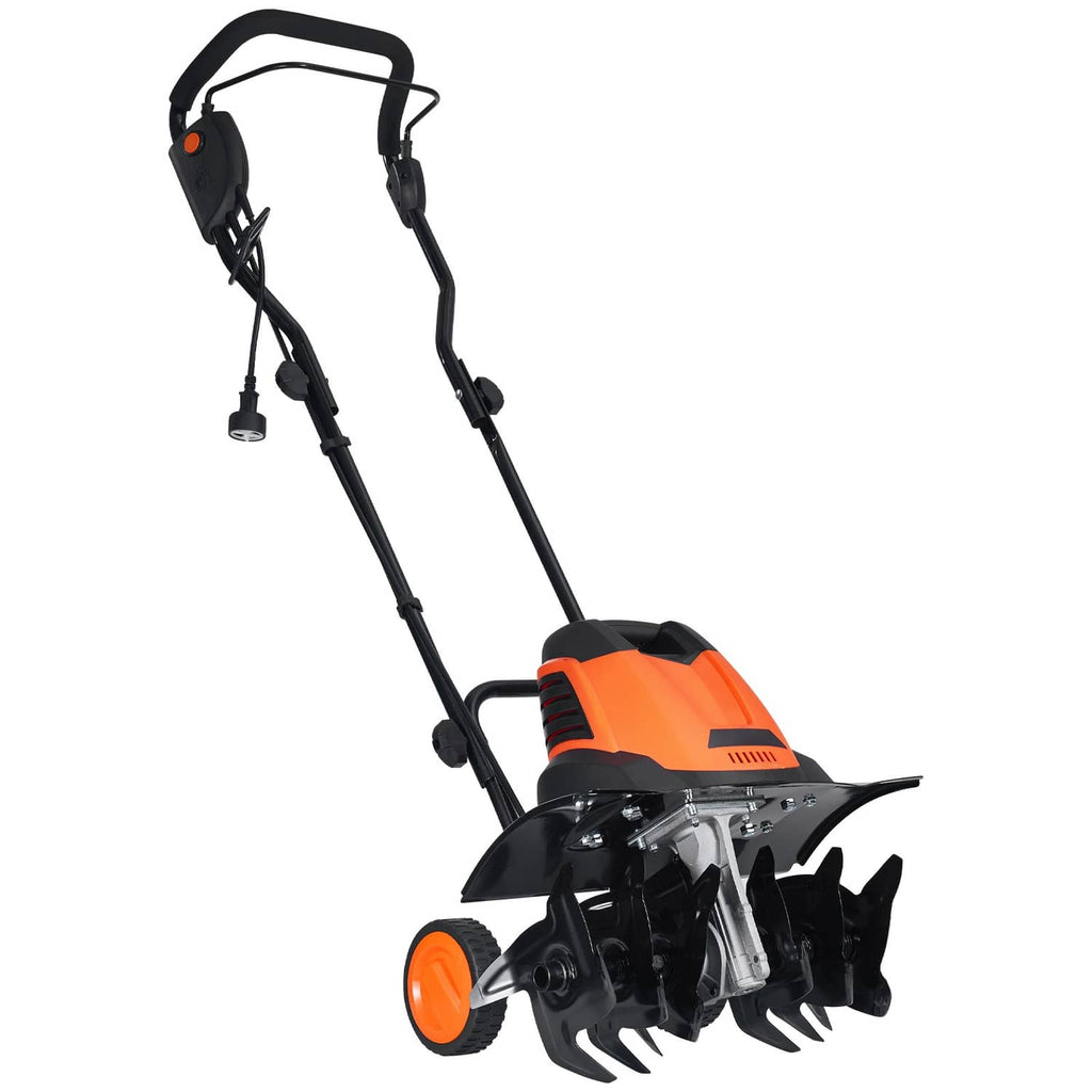 Corded electric tiller cultivator in orange and black with wheels and front tines