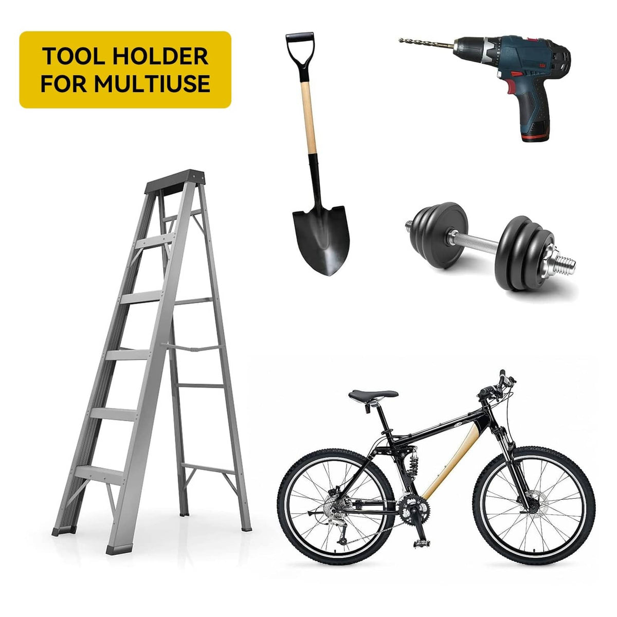 Black multiuse tool holder bracket set with drill and shovel accessories shown
