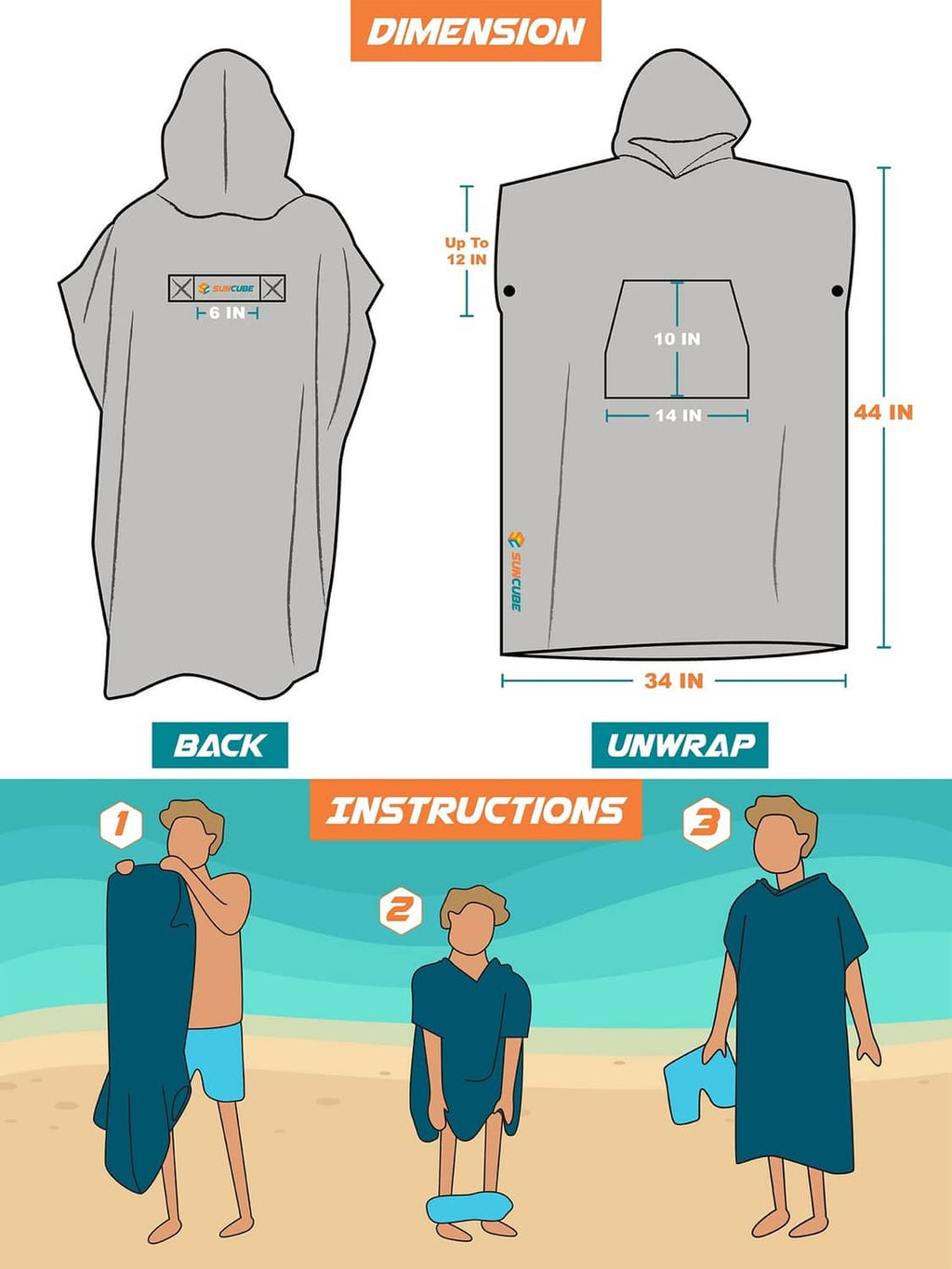 Grey hooded changing poncho diagram showing unwrapped layout and dimensions