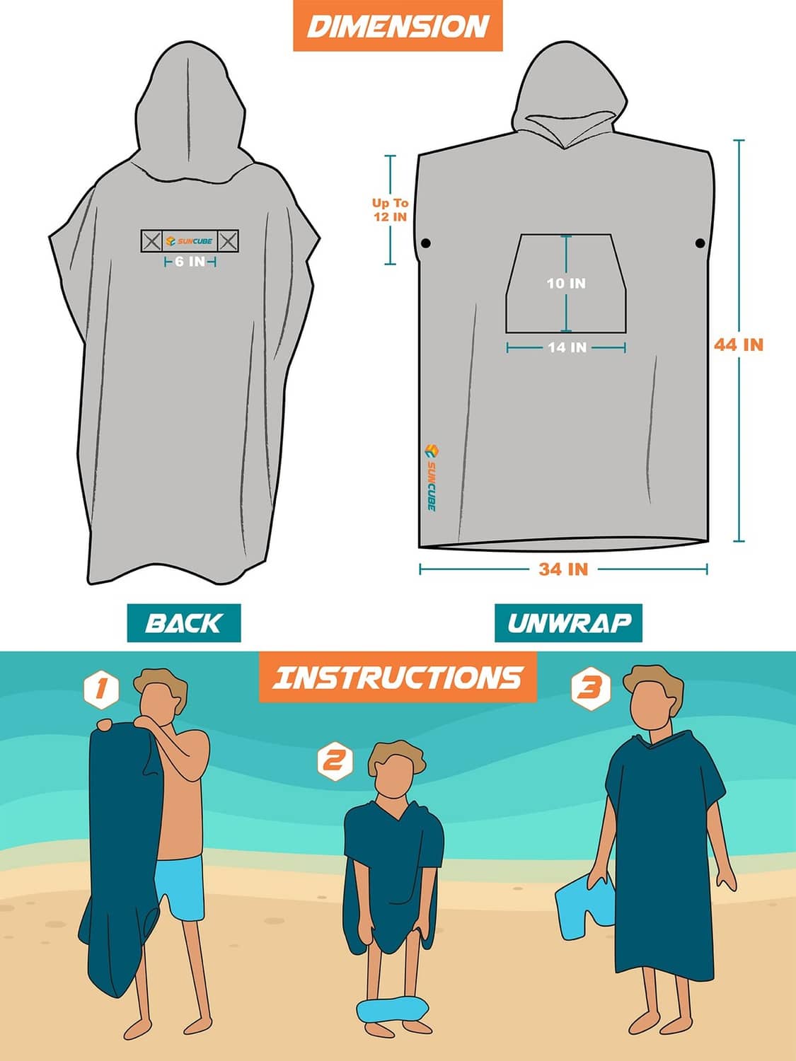 Grey hooded changing poncho diagram showing unwrapped layout and dimensions