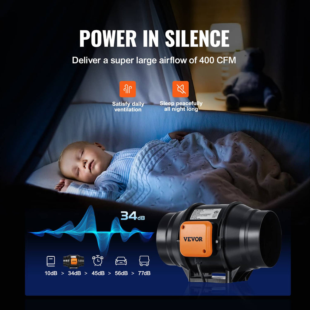 Inline duct fan blower with orange VEVOR controller shown for quiet operation