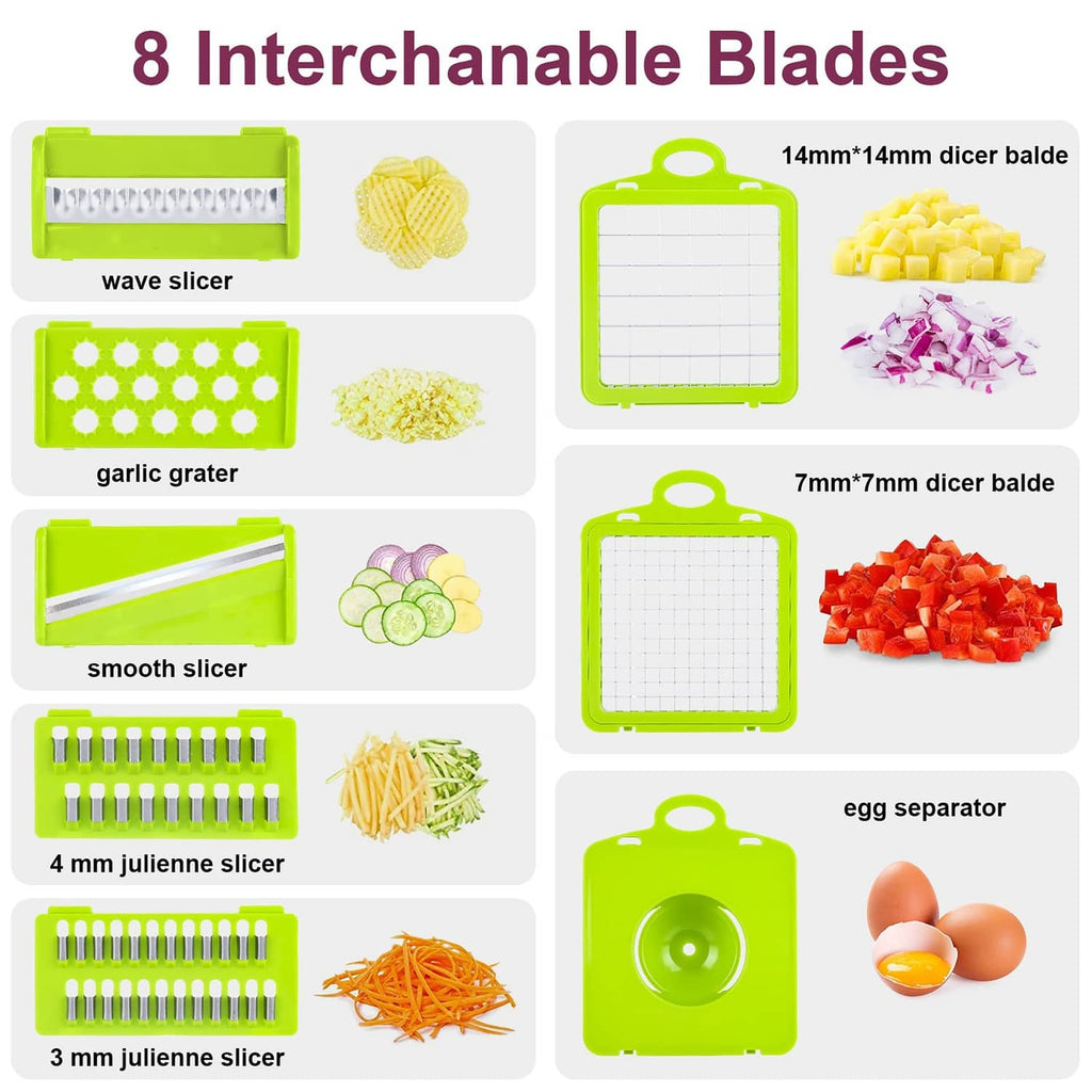 Gray chopper slicer with interchangeable blade attachments and green frame, set of 8.