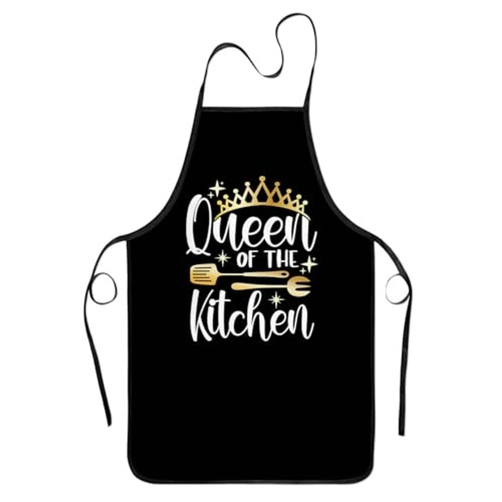 Black apron with "Queen of the Kitchen" crown and book graphic on the front