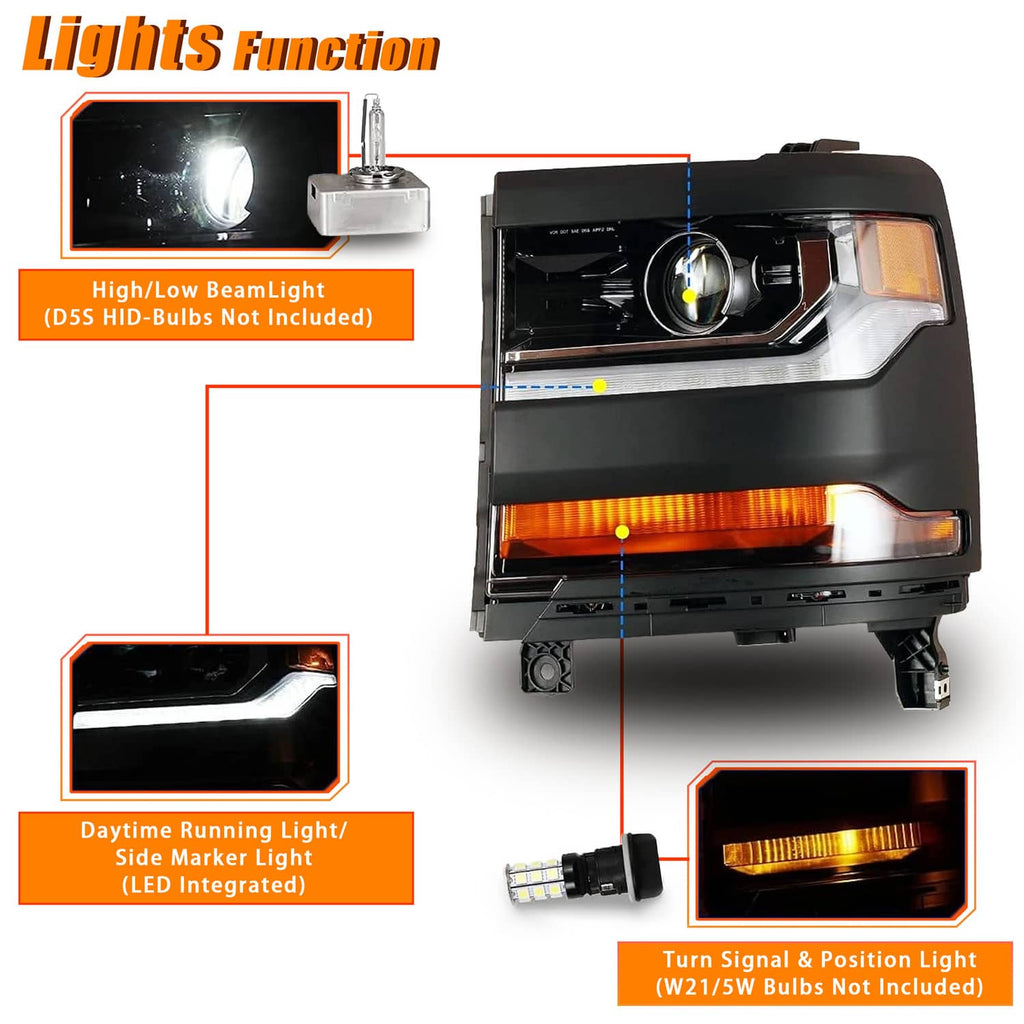 Front headlight with clear lens, round projector, amber strip, and LED side marker