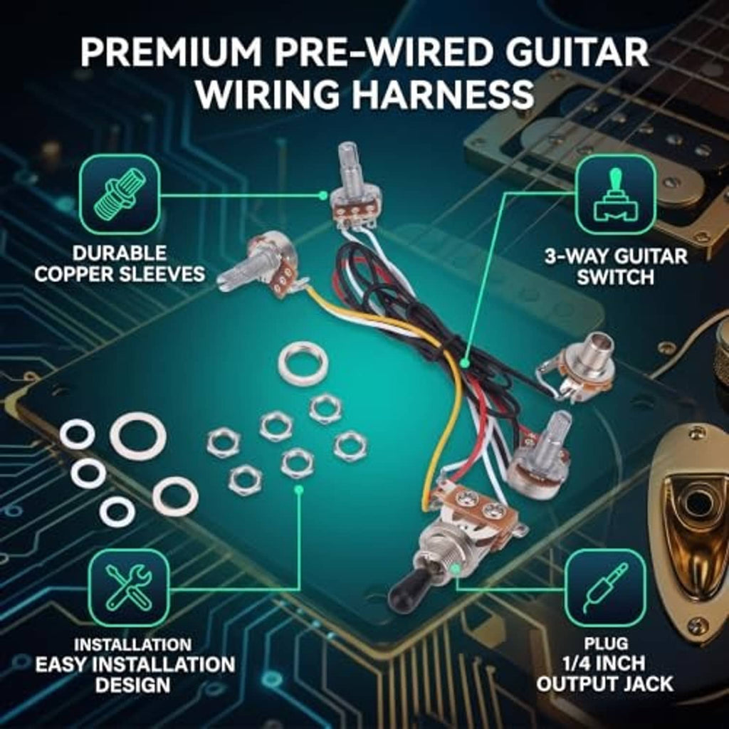 Pre-wired guitar wiring harness with 3-way switch and three control components