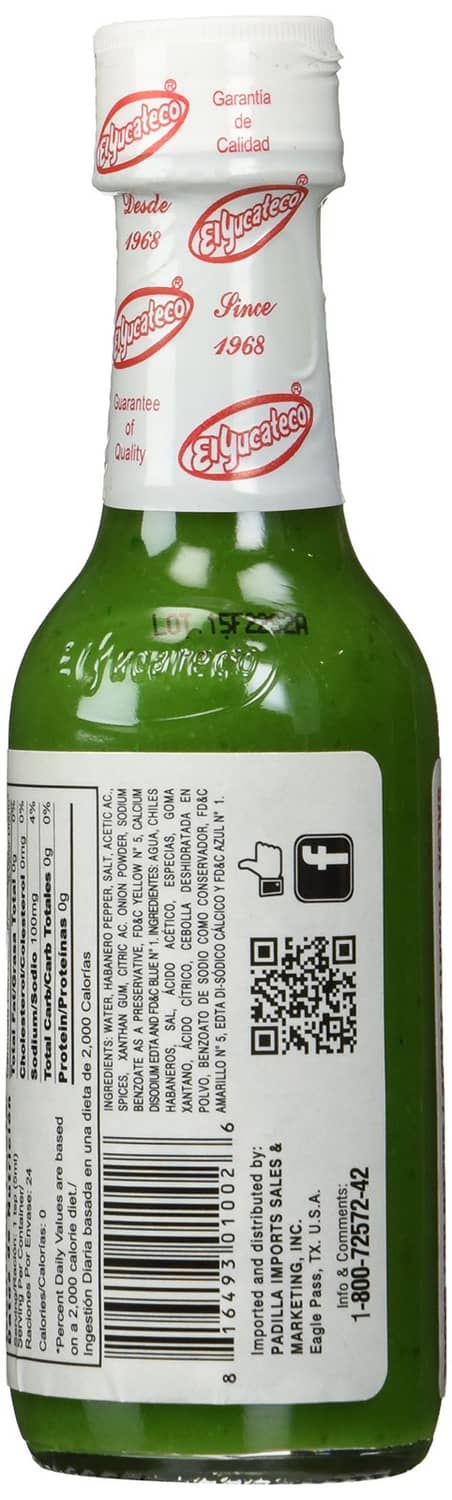 Back label of green hot sauce bottle with barcode and nutrition info