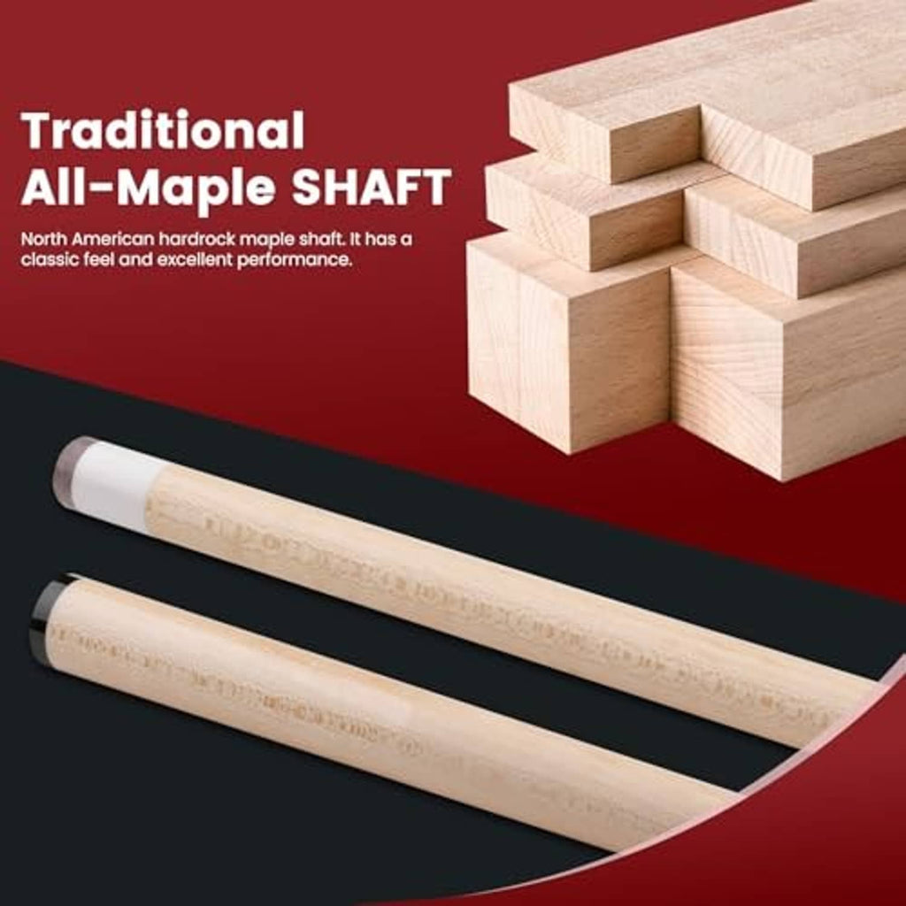 All-maple pool cue shaft set in light wood tone, shown with labeled components