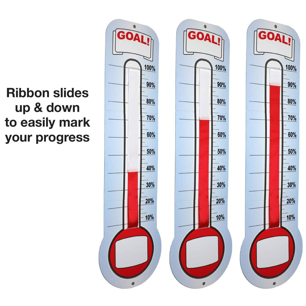 Set of three goal thermometers with red columns and blue percentage scales