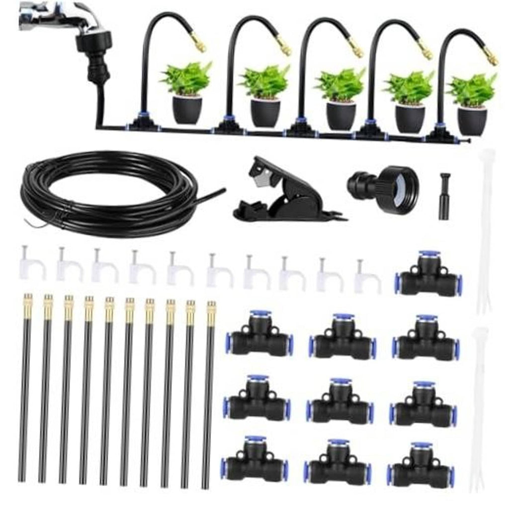 Outdoor misting irrigation line kit with black tubing, connectors, and nozzle heads