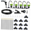 Outdoor misting irrigation line kit with black tubing, connectors, and nozzle heads