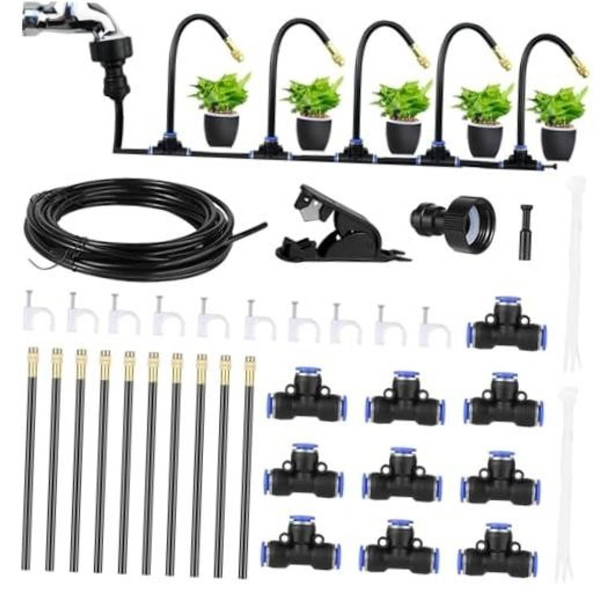Outdoor misting irrigation line kit with black tubing, connectors, and nozzle heads