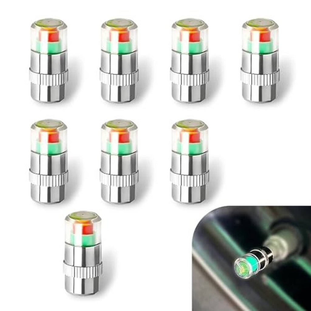 Set of car tire pressure monitor valve stem caps, silver metal with colored indicator windows
