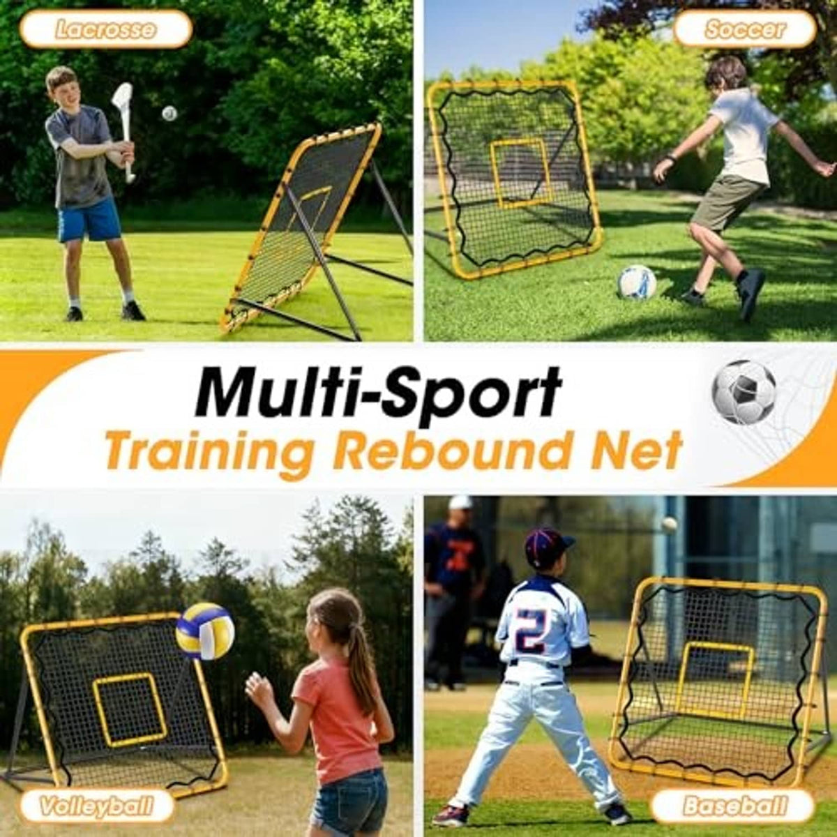 Multi-sport rebound net with yellow frame and square target on black mesh