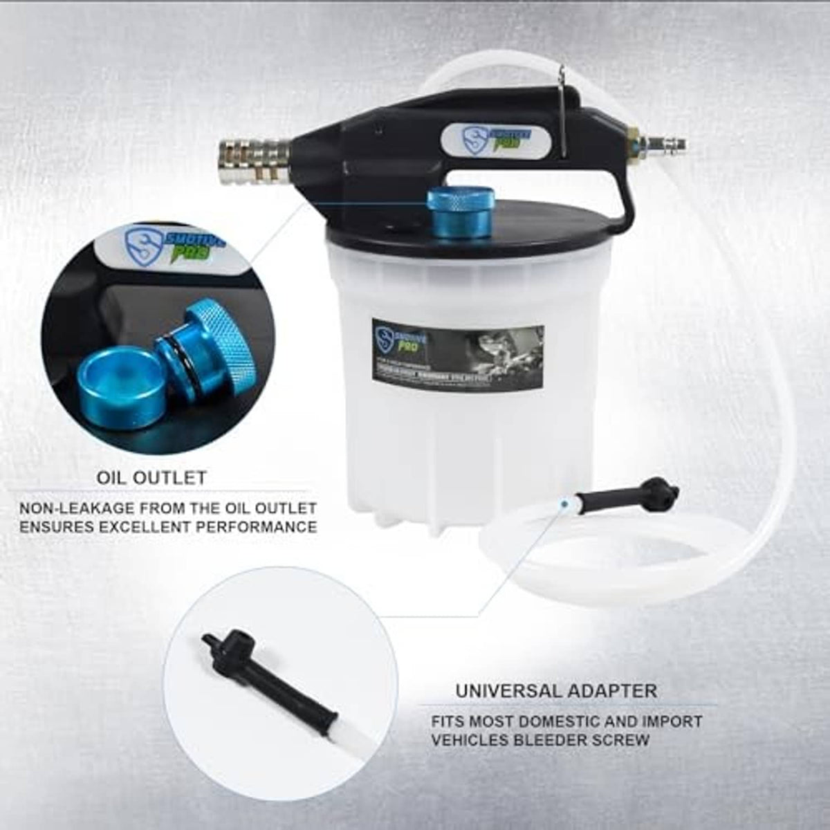 Pneumatic vacuum brake bleeder with white bottle, black trigger handle, adapters and hose