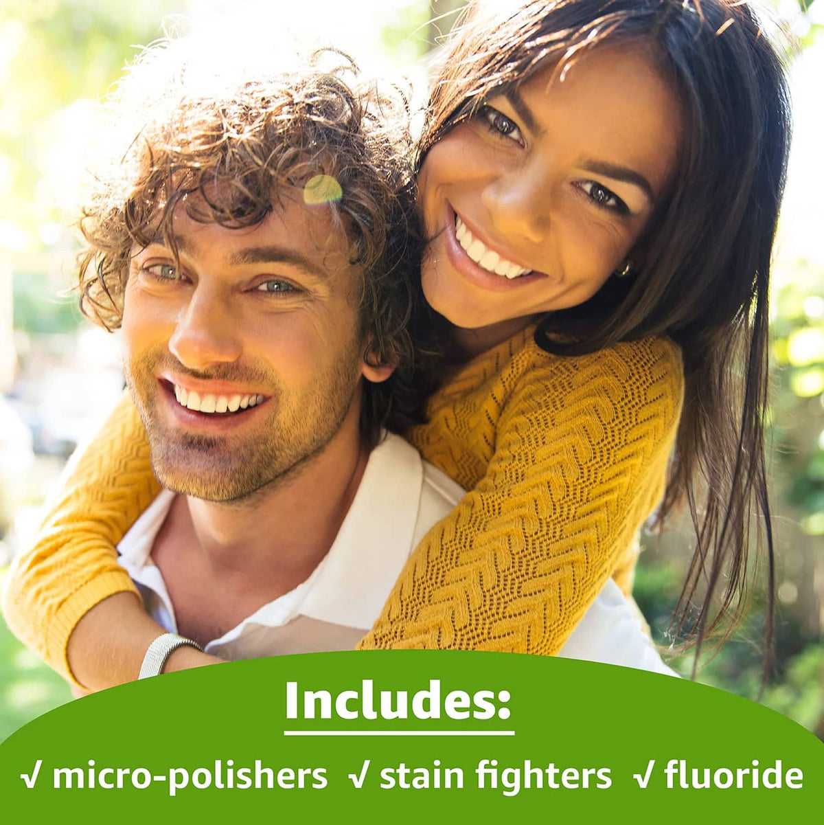 Whitening toothpaste promotion showing couple and “Includes” product details