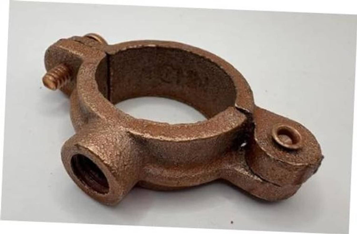 Copper-plated hinged split ring pipe hanger with two-bolt attachment, dark brown