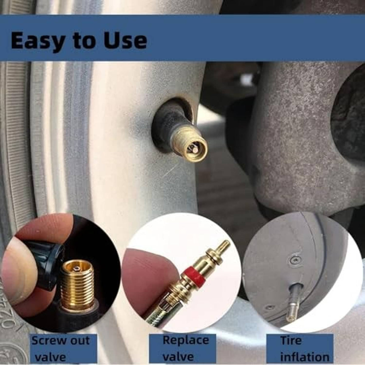 Tool for removing and replacing tire valve cores, shown on a wheel valve