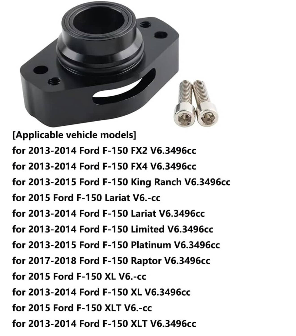 Black blow off valve adapter with mounting plate and two silver mounting screws