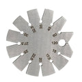 Stainless steel bevel gauge tool showing angle labels on a multi-tooth circular plate