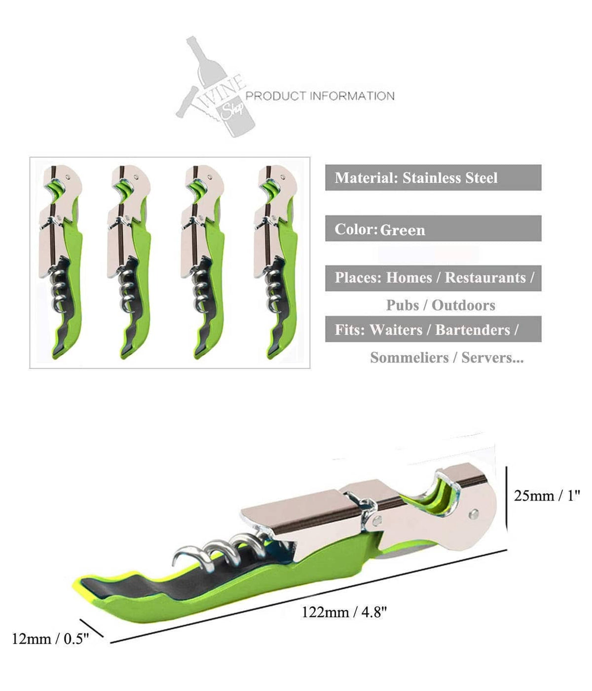 Green waiter corkscrew wine opener with compact size and foil-cutter blade