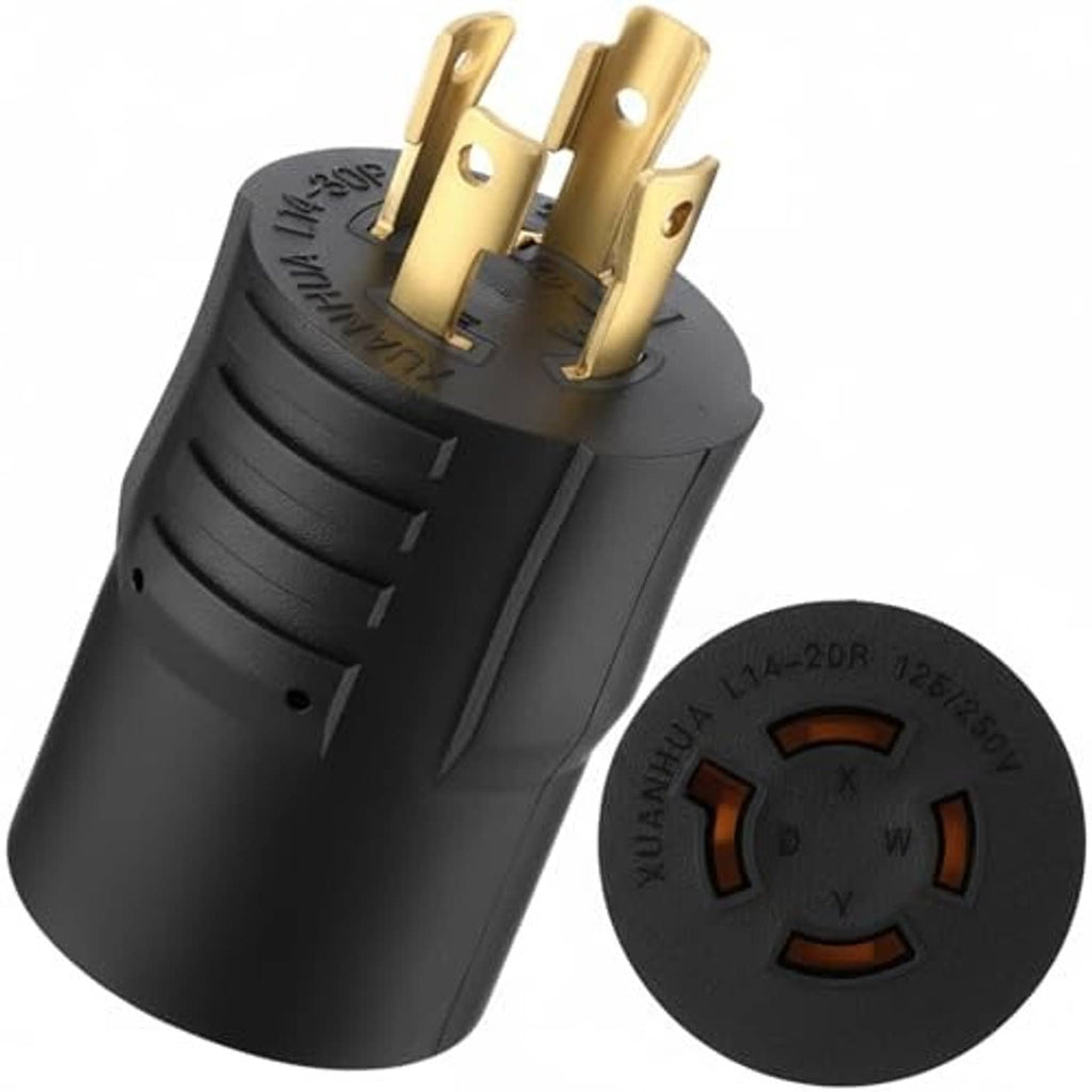 Black NEMA generator adapter showing gold 4-prong plug and round 4-prong twist-lock end