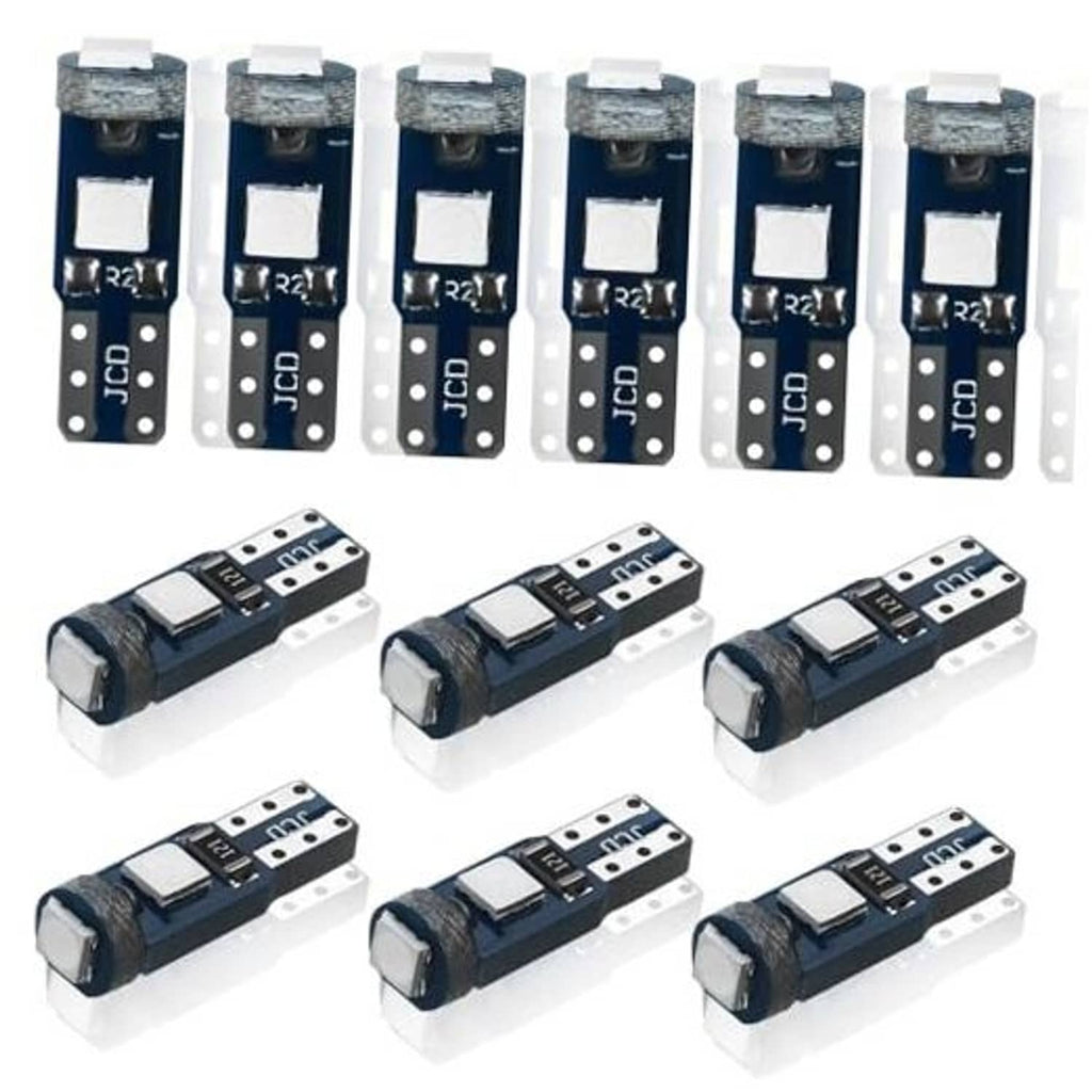 Pack of 12 T5 LED bulbs, blue PCB with white LED top caps and JCD markings