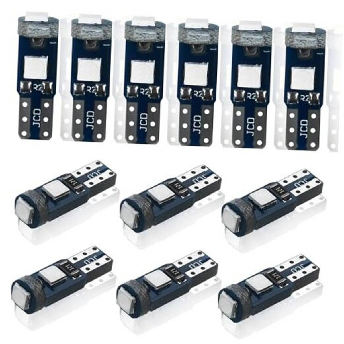 Pack of 12 T5 LED bulbs, blue PCB with white LED top caps and JCD markings