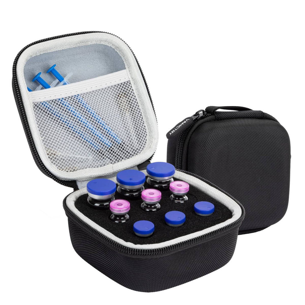 Black 9-slot insulin vial protector case with zipper, open top tray for bottles