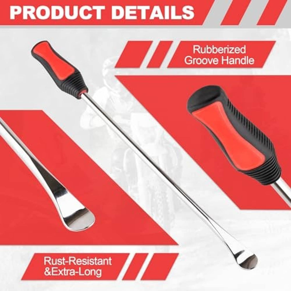 Tire spoon head with angled lip and black/red rubberized groove handle