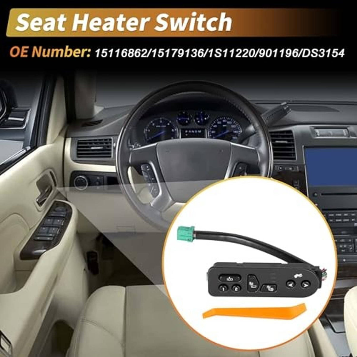 Black seat heater switch with heat icons and green plug connector