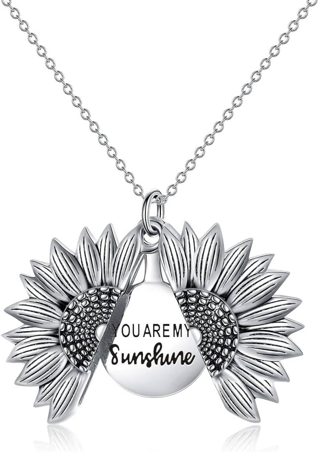 Sterling silver sunflower locket necklace with engraved 'You Are My Sunshine' pendant