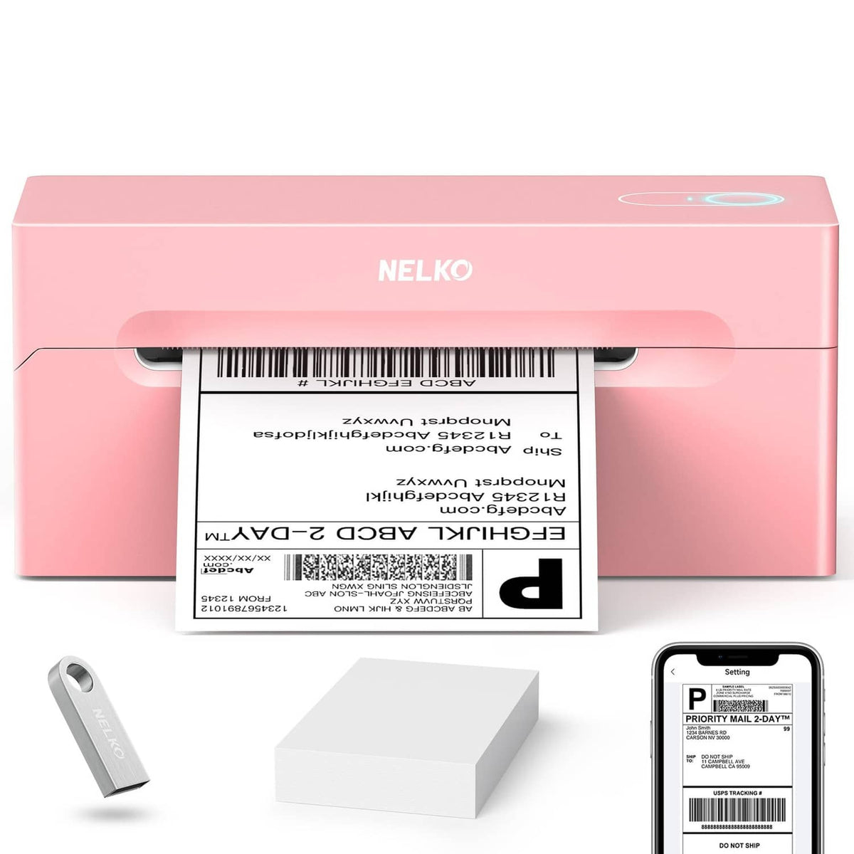 Pink thermal shipping label printer with 4x6 label and included label cutter