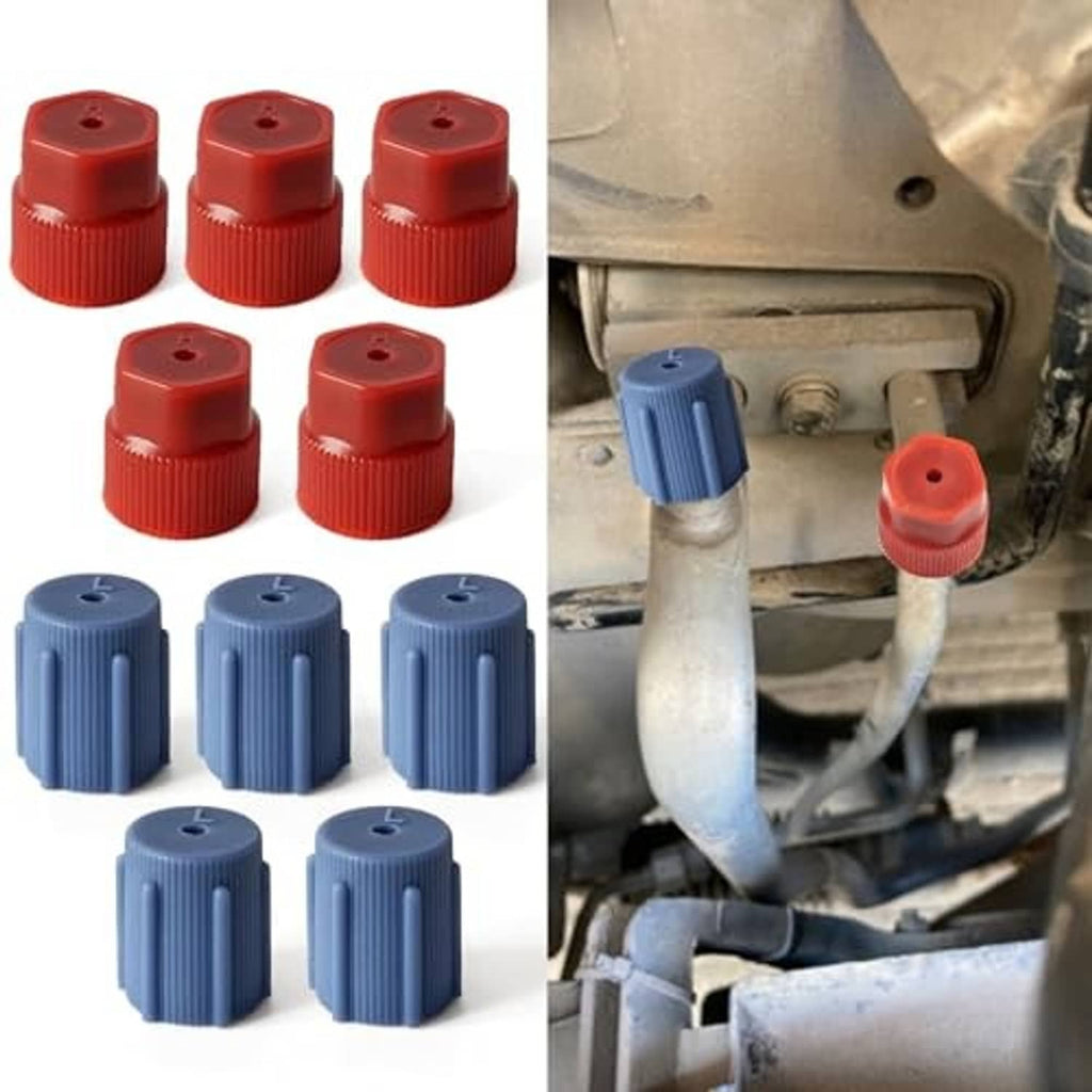 Service port cap set with red and blue ribbed plastic covers, plus caps on AC fittings.