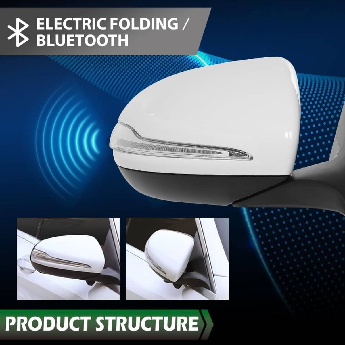 Power-fold right-side mirror with clear turn-signal lens and indicator triangle